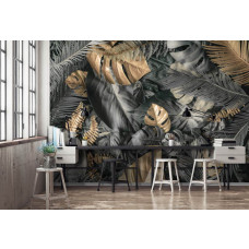 Een fotobehang met stijlvolle grijze, zilveren en gouden bladeren, perfect voor een botanische kantoorruimte.