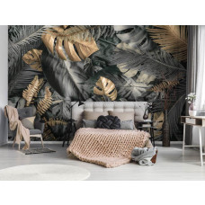 Een jungle-geļnspireerd fotobehang met gouden, grijze en zilveren bladeren, ontworpen voor een luxe uitstraling in de slaapkamer.