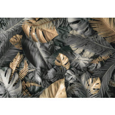 Fotobehang met grijze, zilveren en gouden bladeren in een jungle botanisch ontwerp.