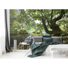 Een fotobehang van een rustig boslandschap met water en bomen, passend voor de slaapkamer.