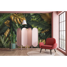 Een fotobehang met een mix van groene bladeren en gouden tinten, perfect voor een botanische uitstraling in een bedrijfsruimte.