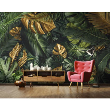 Een jungle-geļnspireerd fotobehang met rijke gouden en groene bladeren in een botanische stijl, ideaal voor de huiskamer.