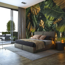 Een botanisch fotobehang met gouden en groene bladeren in een speelse jungle-stijl voor de keuken of slaapkamer.