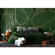 Een fotobehang met groene bladeren en gouden details in de slaapkamer, met weelderige bladeren en warme goudtinten die een rustgevende ambiance vormen.