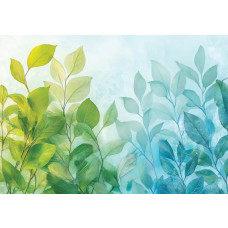 Fotobehang met groene en blauwe bladeren in een zachte kleurovergang.