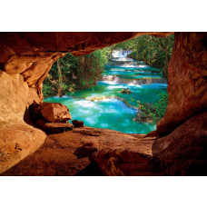 Grot met uitzicht op watervallen in de jungle, 3D-fotobehang voor een avontuurlijke en exotische uitstraling.