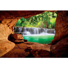 Grot met waterval, fotobehang met een realistisch 3D-effect van de natuur voor een serene ruimte.