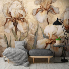 Een fotobehang van grote beige bloemen en iris in kunststijl in een kantoor.