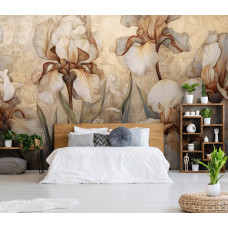 Een fotobehang van grote beige bloemen en iris in kunststijl in de slaapkamer.