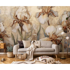 Een fotobehang van grote beige bloemen en iris in kunststijl in de woonkamer.