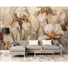 Een fotobehang van grote beige bloemen en iris in kunststijl in de woonkamer.