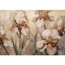 Grote beige irisbloemen schitteren op dit fotobehang, waarbij de natuurlijke schoonheid van de bloemen centraal staat.