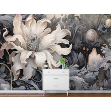 Een fotobehang met een grote witte bloem op een witte achtergrond in de keuken.