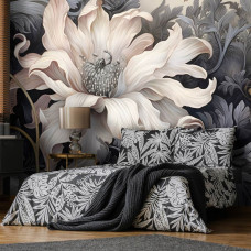 Een fotobehang met een grote witte bloem op een witte achtergrond in de slaapkamer.