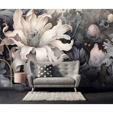 Een fotobehang met een grote witte bloem op een witte achtergrond in de woonkamer.