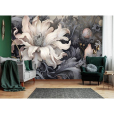 Een fotobehang met een grote witte bloem op een witte achtergrond in de woonkamer.