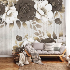 Een fotobehang met grote bloemen op een betonnen muur, ideaal voor een huiskamer.