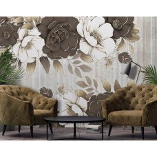 Een fotobehang met grote bloemen op een betonnen muur, geschikt voor een kantoor.