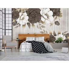 Een fotobehang met grote bloemen op beton, perfect voor een slaapkamer.