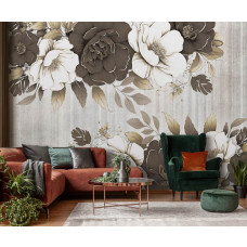 Een fotobehang met grote bloemen op beton, passend in een woonkamer.