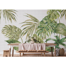 Een fotobehang met grote groene bladeren in de keuken, waarbij de tropische bladeren en natuurlijke tinten een frisse en botanische sfeer creëren.