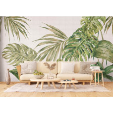 Een fotobehang met grote groene bladeren in een sfeervolle woonkamer, waarin de groene kleuren en gedetailleerde bladstructuren een rustgevende uitstraling geven.