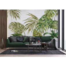 Een fotobehang met grote groene bladeren in een moderne woonkamer, waarin de diepe groentinten en speelse bladvormen de ruimte tot leven brengen.
