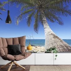 Een fotobehang met een serene strandomgeving met een imposante palmboom in een woonkamer.