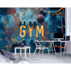 Een fotobehang met een gymomgeving, perfect voor een gamekamer.