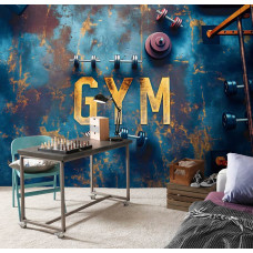 Een fotobehang met een gym en fitnessapparatuur, ideaal voor een tienerkamer of slaapkamer.