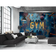 Een fotobehang met een gym en fitnessuitrusting, passend in een woonkamer.