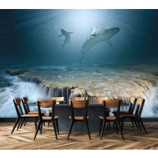 Een fotobehang met haaien en een waterval in een zee-omgeving, passend in een moderne keuken.