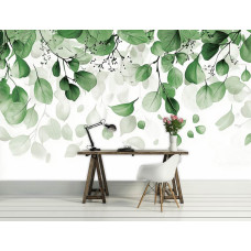 Fotobehang met minimalistische bladeren die elegant hangen in een stijlvol ingericht kantoor.