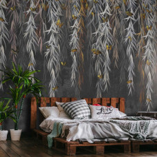 Een fotobehang met hangplanten en kleurrijke vlinders in een tropische setting, perfect voor een woonkamer of slaapkamer.