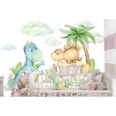 Een fotobehang met vrolijke dinosaurussen in een babykamer.