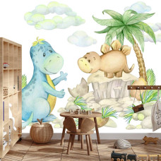 Een fotobehang met blije dinosaurussen, weergegeven in een jongenskamer.