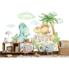 Een fotobehang met speelse dinosaurussen, afgebeeld in een kinderkamer.