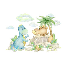 Blije dinosaurussen die door het regenwoud bewegen op een fotobehang voor kinderen.