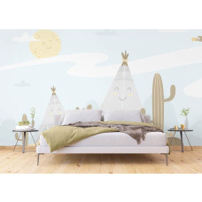Een fotobehang van een happy village met een wigwam in een kinderkamer.