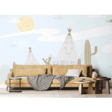 Een fotobehang van een happy village met een wigwam in een woonkamer.