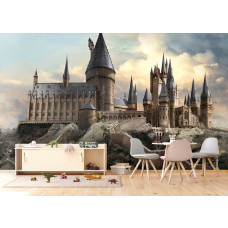 Een fotobehang met Harry Potter uitzicht op Zweinstein in de jongenskamer, waarin het mysterieuze kasteel en de donkere wolken zorgen voor een stoere en magische uitstraling.