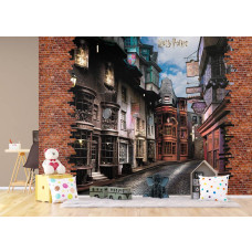 Een fotobehang met Harry Potter Wegisweg - Diagon Alley in de kinderkamer, waarin de warme verlichting en charmante winkels een sprookjesachtige en magische sfeer brengen.