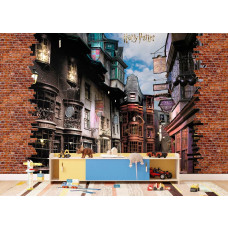 Een fotobehang met Harry Potter Wegisweg - Diagon Alley in de jongenskamer, waarbij de mysterieuze straat en betoverende details een stoere en spannende uitstraling geven.