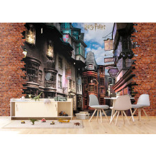 Een fotobehang met Harry Potter Wegisweg - Diagon Alley in de woonkamer, waarin de levendige straat en iconische winkels zorgen voor een magische en speelse omgeving.