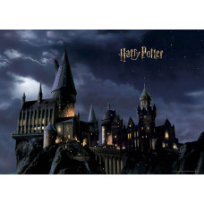 Een fotobehang met Harry Potter’s Zweinstein in de nacht, waarin het iconische kasteel mysterieus oplicht onder een sterrenhemel, omringd door een magische sfeer.