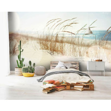 Een fotobehang met een rustgevend strandlandschap met helmgras en duinen, ideaal voor een slaapkamer.