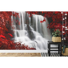 Een herfstig fotobehang met een waterval en natuurlijke bosrijke omgeving, perfect voor een keuken.