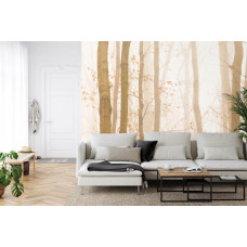 Een fotobehang met een warm herfstlandschap vol bomen in de mist, ideaal voor een woonkamer.