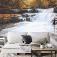 Een sfeervol fotobehang van een herfstige waterval omgeven door bos en natuurlijke tinten, perfect voor een eetkamer.
