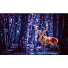 Fluorescerend hert in een bos op fotobehang, in paars.